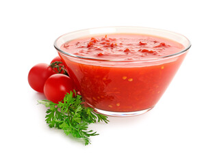 Bowl with tasty tomato sauce and fresh vegetables on white background