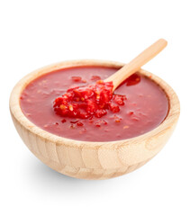 Bowl with tasty tomato sauce on white background