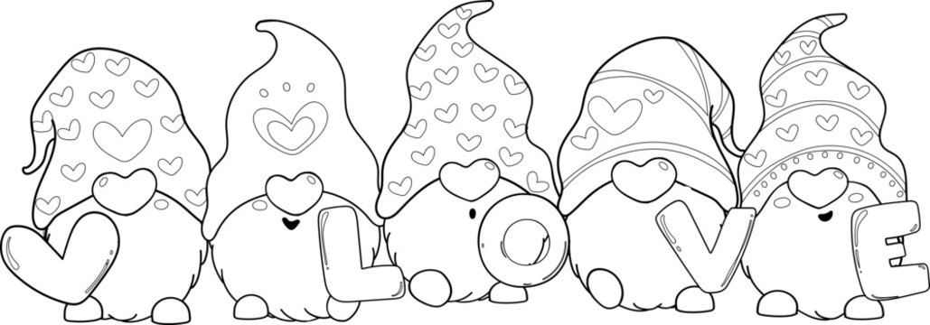 cute valentine love gnome cartoon doodle outline character hand drawing for colouring 