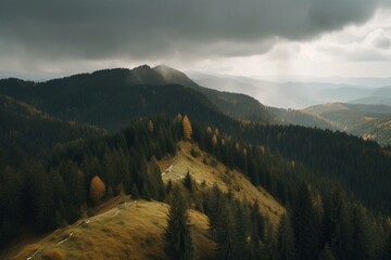A mountainous landscape in Carpathians with cloudy skies and partially visible summits of fir forest. Generative AI