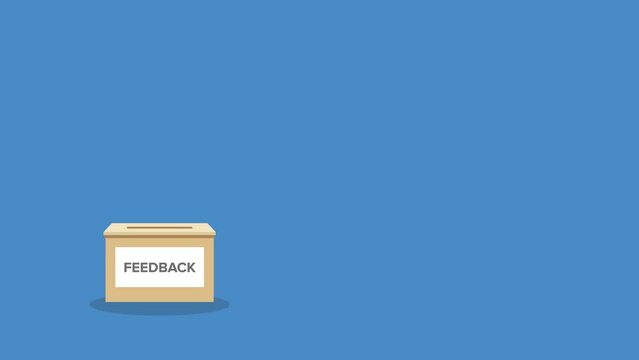 Feedback, feedback box. Hand holding feedback paper card and. Customer suggestion. Submission of comment, feedback, suggestion in box. Customers review.