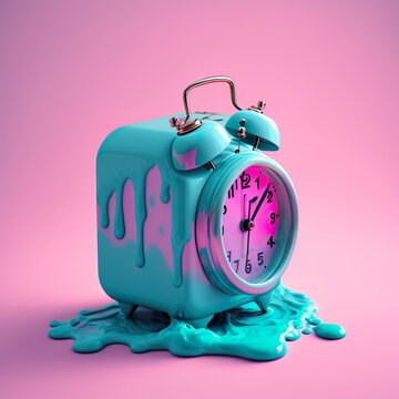 Blue alarm clock molten on pink pastel color background, generative ai