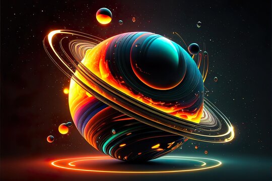 Colorful bright 3d planet with glowing neon rings, generative ai
