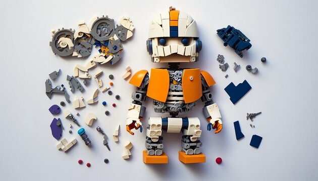 broken down toy robot on white background, generative ai