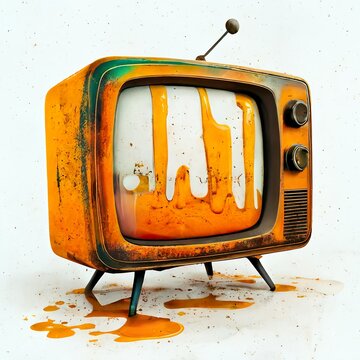 Retro orange TV receiver molten on white background, generative ai