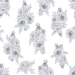 Black and white hand drawn peonies in sketch style seamless pattern. Endless background with graphically drawn flowers for fabric and wallpaper. Compositions of bouquets endless backdrop.