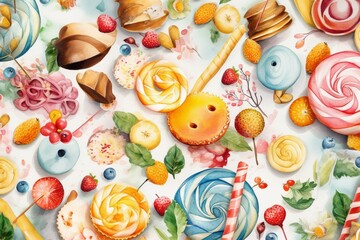 Hand-drawn sweets in watercolor pattern. Isolated on white. Generative AI