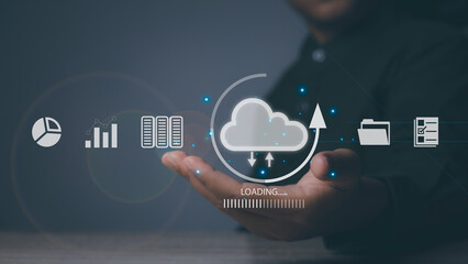 Businessman holding cloud computing technology. Data storage security online.