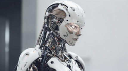 Obraz na płótnie Canvas Cyborg robot head with glowing eyes on light background. Blend of machine and man. Generative AI. High quality illustration