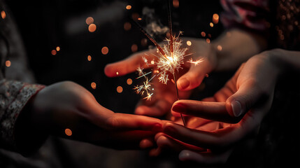 Hands of people holding sparklers on dark Christmas night. Generative AI. High quality illustration