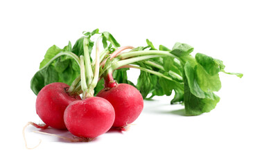 Fresh radishes with leaves on white background
