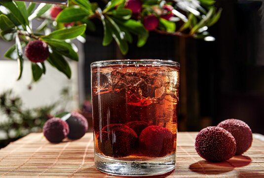 Beverages and alcohol made using red bayberry(waxberry), indoor dark background