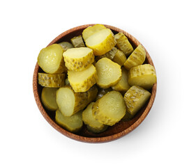 Bowl with tasty fermented cucumbers on white background