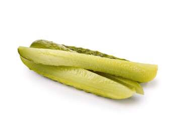Tasty fermented cucumber slices on white background