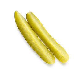 Tasty fermented cucumber slices on white background