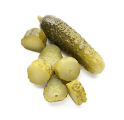 Tasty fermented whole cucumber and pieces on white background