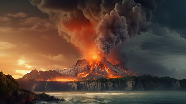 Strong volcanic eruption on the island. ai generation