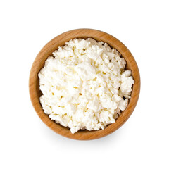 Bowl with tasty cottage cheese on white background