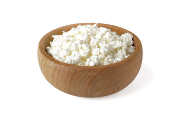 Bowl with tasty cottage cheese on white background