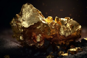 Detailed view of large gold nugget with surrounding fragments. Generative AI