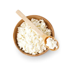 Bowl and spoon with tasty cottage cheese on white background