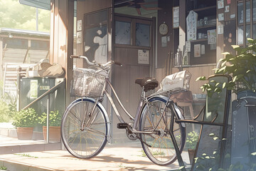 bicycle leaning on a wall outside of a coffe shop, anime manga style illustration AI generated