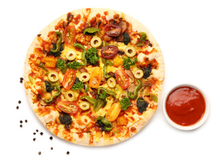 Vegetable pizza with sauce on white background