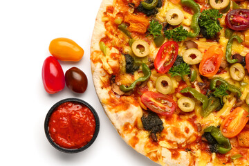 Vegetable pizza with sauce on white background