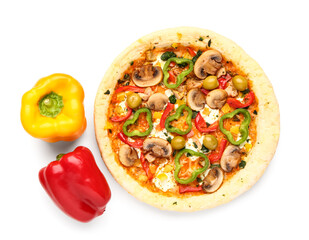 Vegetable pizza with peppers on white background