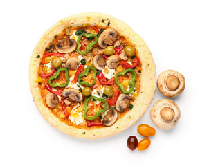 Vegetable pizza with ingredients on white background