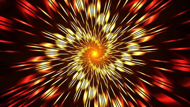 Festive fiery bright motion background with fractal red, yellow, orange linear elements twirling. Flamy firework with sparks scattering in different directions on dark. 4K UHD 4096x2304