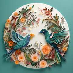 feather,A quilling paper art piece with various birds, including a foghorn, peacock, hummingbird, and eagle, depicted in flight against foliage and flowers. The artwork is intricately , ai generated 