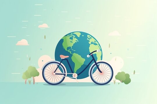 bicycle minimalist illustration of a bike with a planet earth at the background, green eco transportation