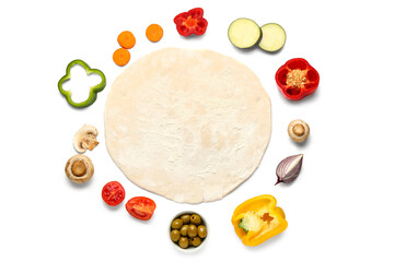 Raw dough and ingredients for preparing vegetable pie on white background