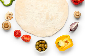 Raw dough and ingredients for preparing vegetable pie on white background