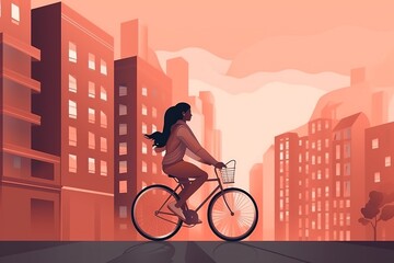 woman riding a bicycle, minimallist illustration of a girl driving a bike in the city