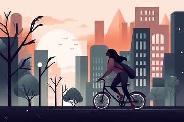 woman riding a bicycle, minimallist illustration of a girl driving a bike in the city