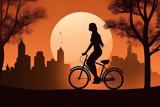 woman riding a bicycle, minimallist illustration of a girl driving a bike in the city