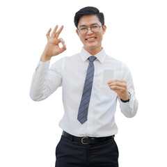 close up asian employee man smile during make OK sign on hand and hold mockup credit card (add...