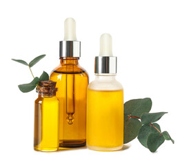 Bottles with cosmetic oil and eucalyptus branch on white background