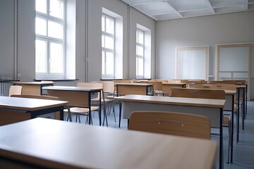 Empty classroom, Blurred school classroom without students with empty chairs and tables