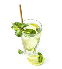 Fototapeta premium Refreshing mojito cocktail with fresh mint, lime slices, ice cubes, and eco-friendly bamboo straw on white background