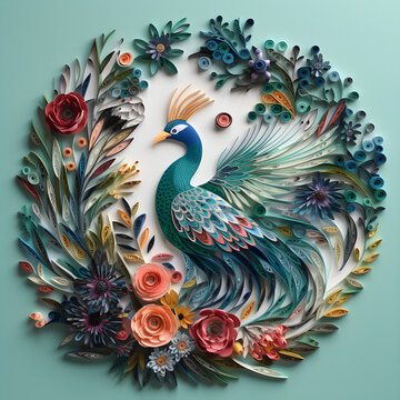 A quilling paper art piece with various birds, including a foghorn, peacock, hummingbird, and eagle, depicted in flight against foliage and flowers. The artwork is intricately designed , Ai generated 
