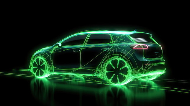 Green neon car in the dark, car on high speed , motion move