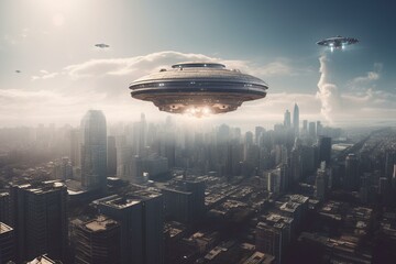 Fototapeta na wymiar Sketch of city with UFO for artistic inspiration. Generative AI
