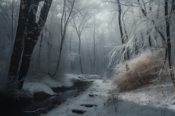 Peaceful winter woods. Generative AI