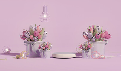 3D podium display, pastel background with tulip flowers. Frame and light bulb. Minimal pedestal for beauty, cosmetic product. Valentine, feminine, women day, mother day. 3d render	
