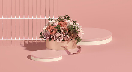 3D podium display, pastel pink background with rose flowers. Gifts and palm leaf shadow. Minimal pedestal for women day, mother day,cosmetic product. Valentine, feminine copy space template 3d render	