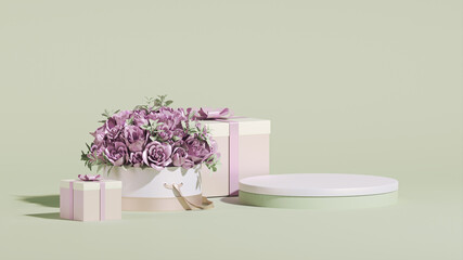 3D podium display, pastel pink background with rose flowers. Gifts and palm leaf shadow. Minimal pedestal for women day, mother day,cosmetic product. Valentine, feminine copy space template 3d render	