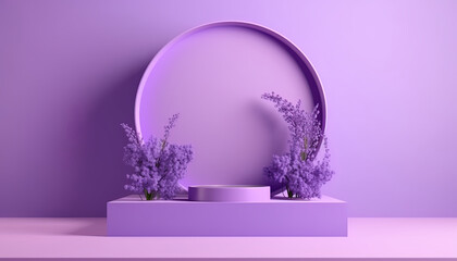 Luxury 3d podium with plants and lavender color. Modern mockup, copy space